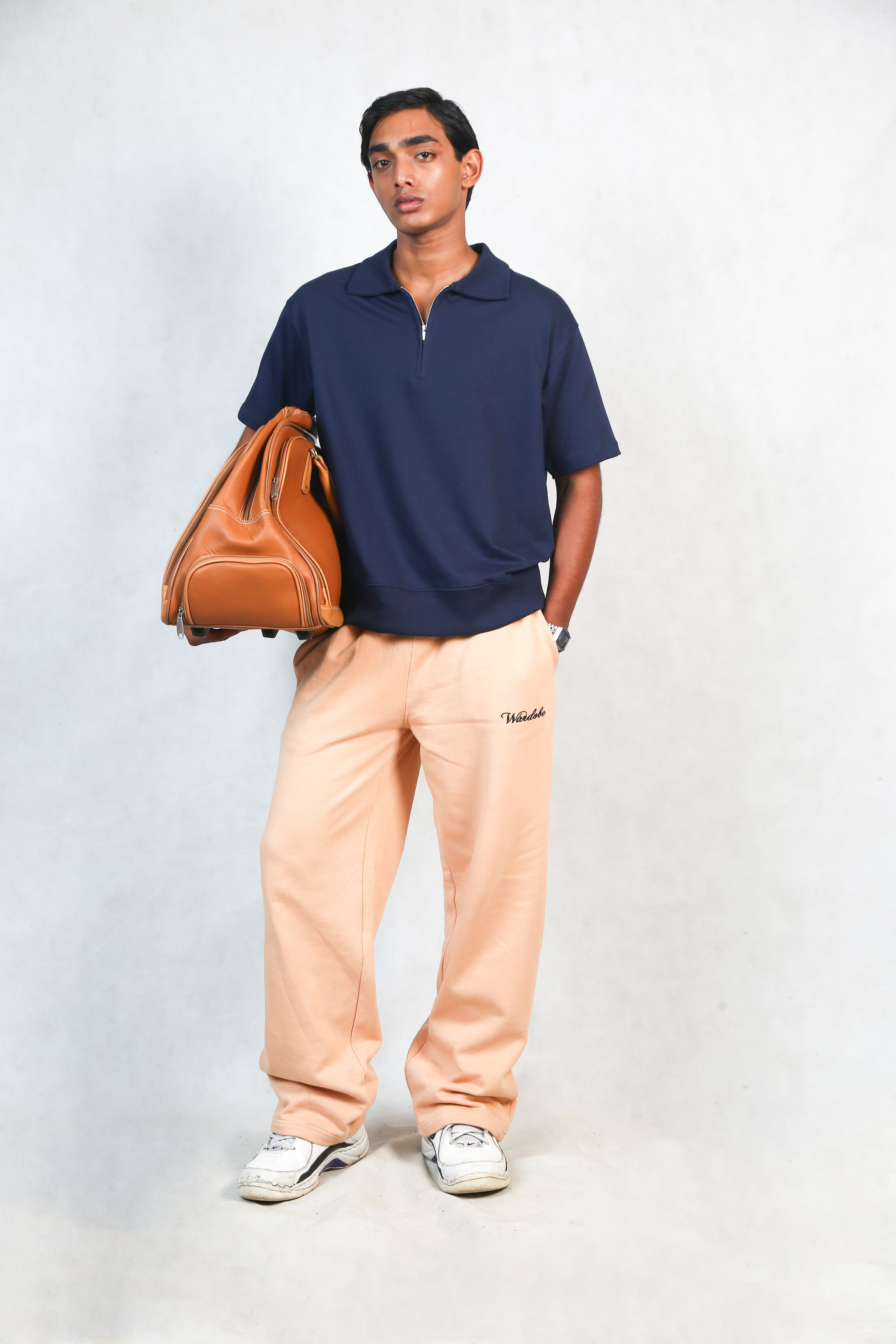 NAVY POLO & CARAMEL SWEATPANTS