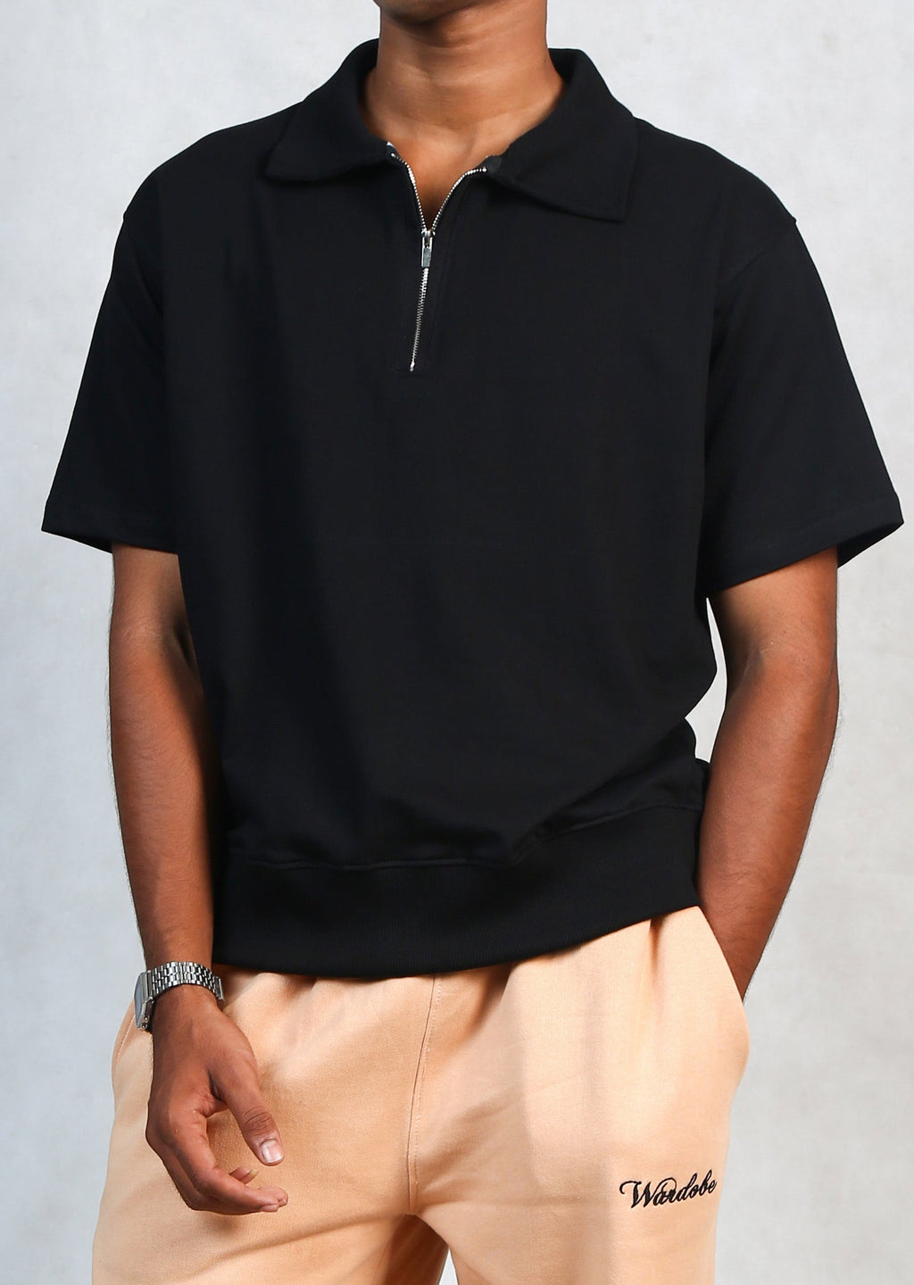 Black Zipper Polo T-Shirt — Loose Relaxed Fit