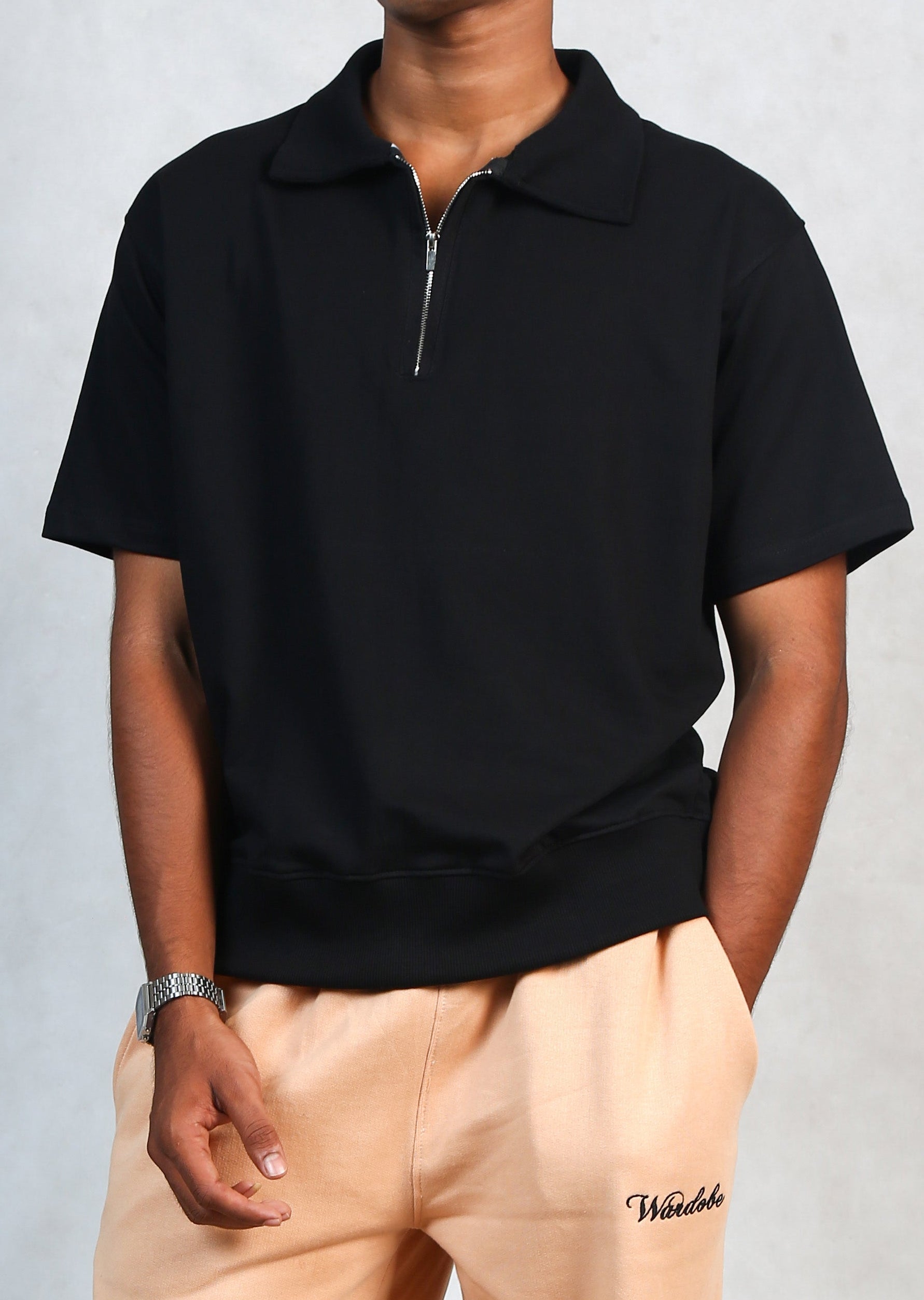 Black Zipper Polo T-Shirt — Loose Relaxed Fit