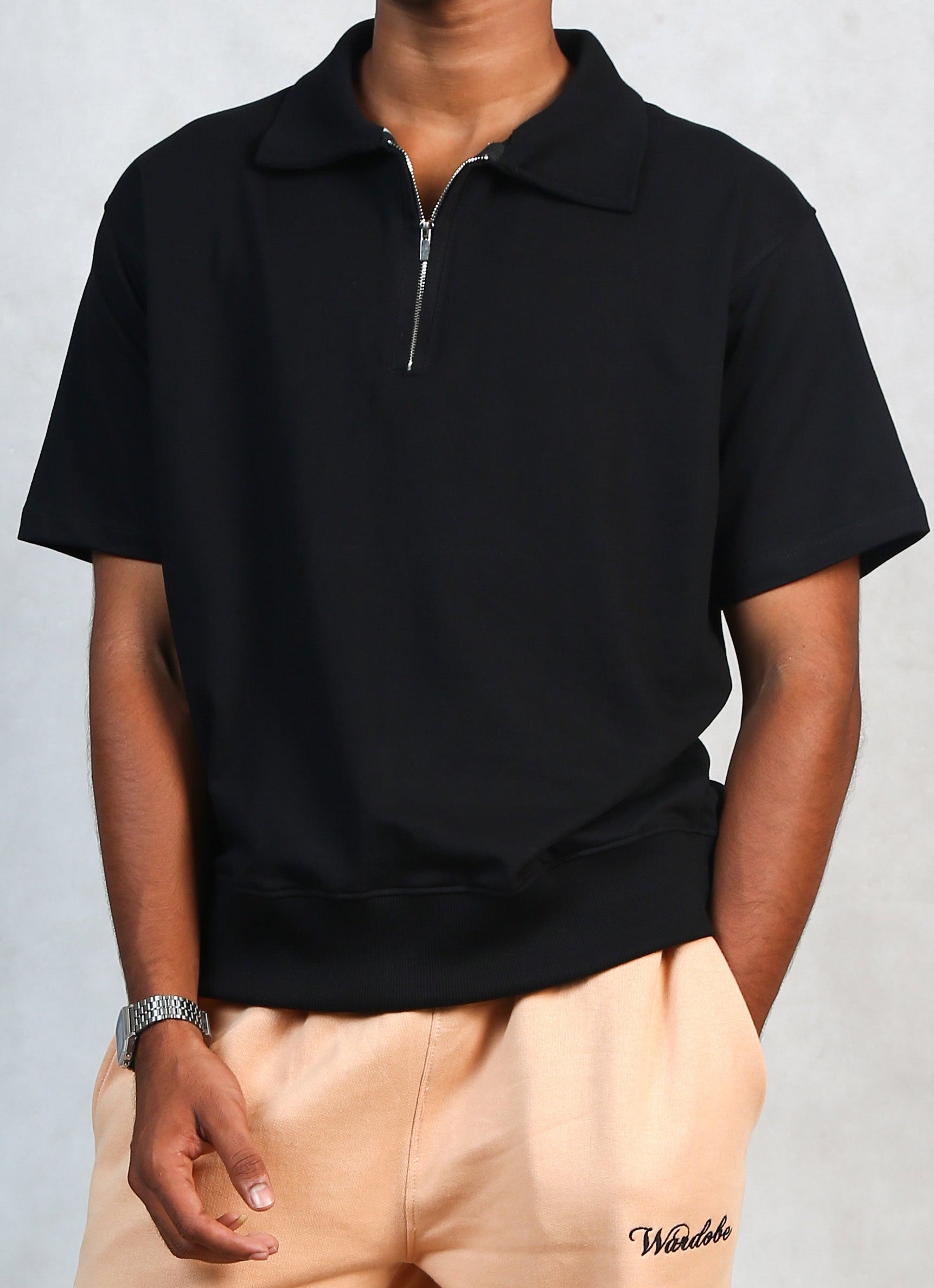 Black Polo & Caramel Sweatpants — The Full Look