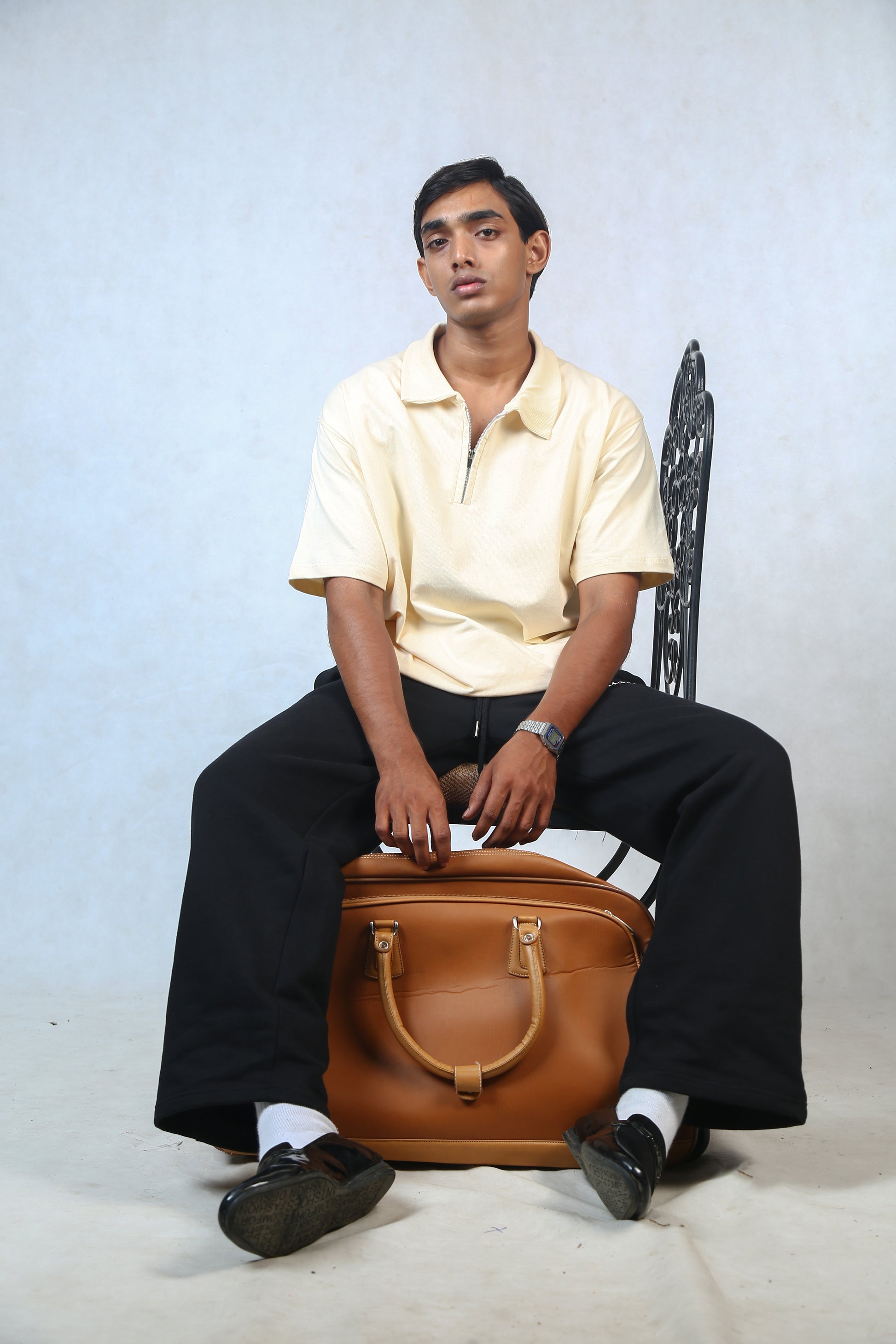 CREAM WHITE ZIPPER POLO T-SHIRT