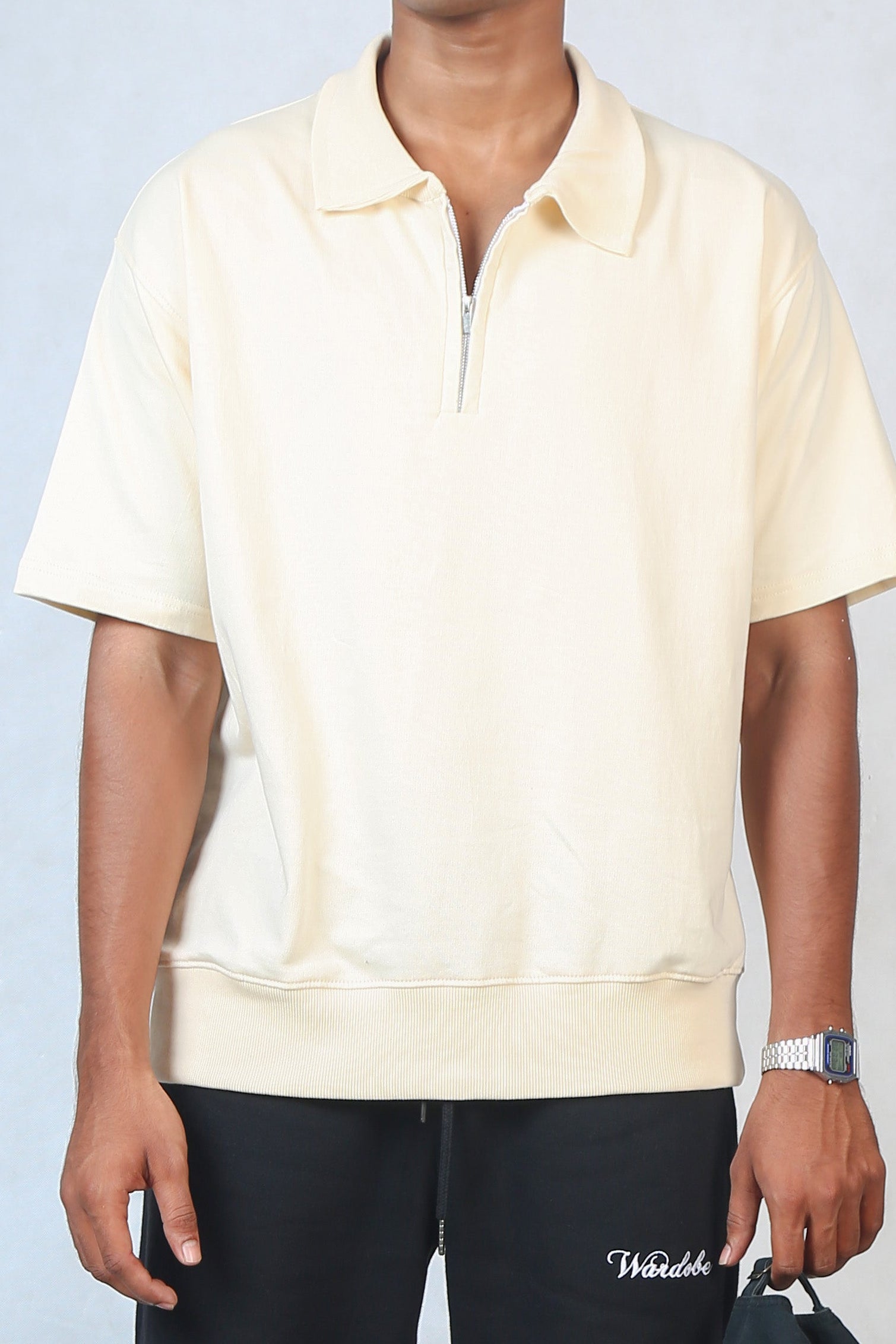 Cream Zipper Polo T-Shirt — Loose Relaxed Fit