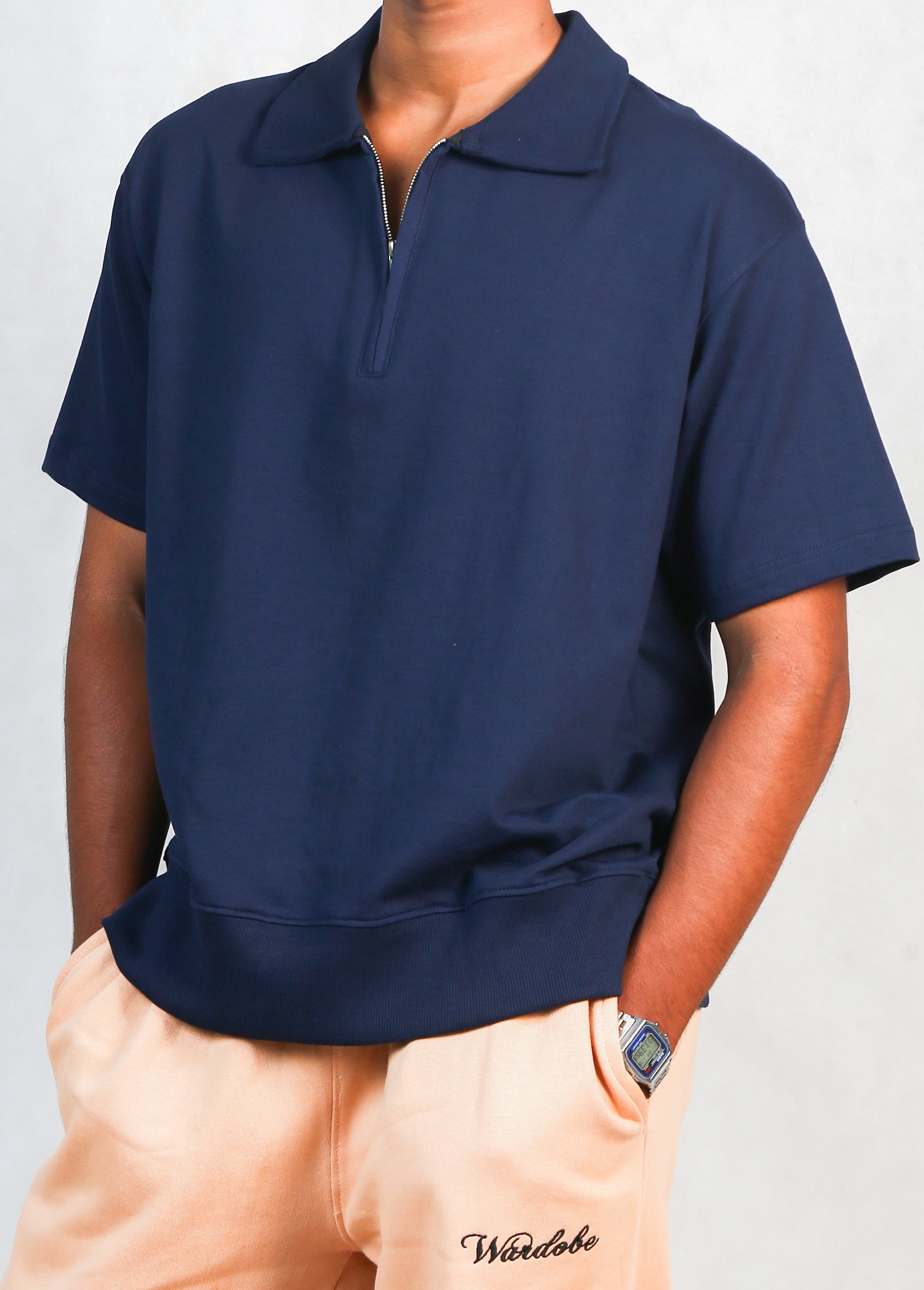Navy Blue Zipper Polo T-Shirt — Loose Relaxed Fit