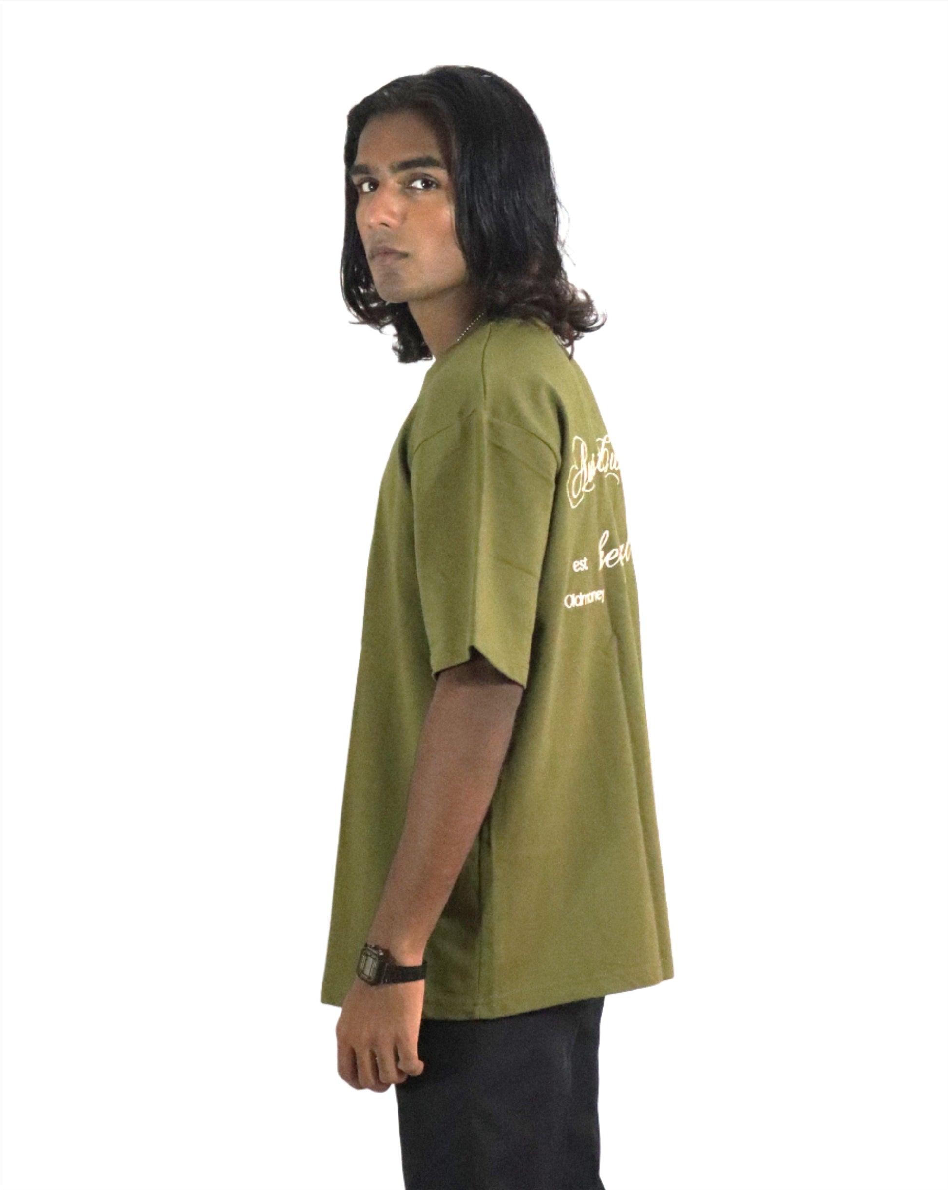 OLIVE GREEN EMBROIDED OVERSIZED T-SHIRT (UNISEX)