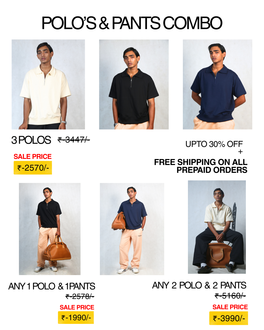 "Wardobe polo and pants combo deals poster showing different outfit options. Discounts up to 30% off with free shipping on prepaid orders."